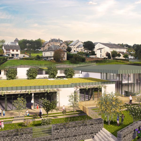 Vue principale du projet donnant sur les jardins et les espaces ludiques.